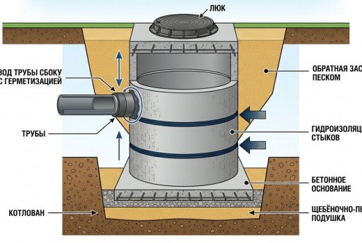 Процесс монтажа колодца с указанием этапов установки