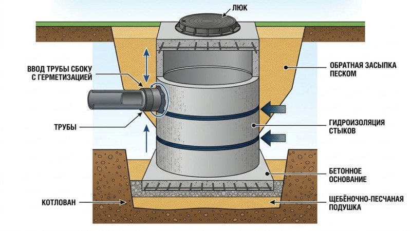 Процесс монтажа колодца с указанием этапов установки
